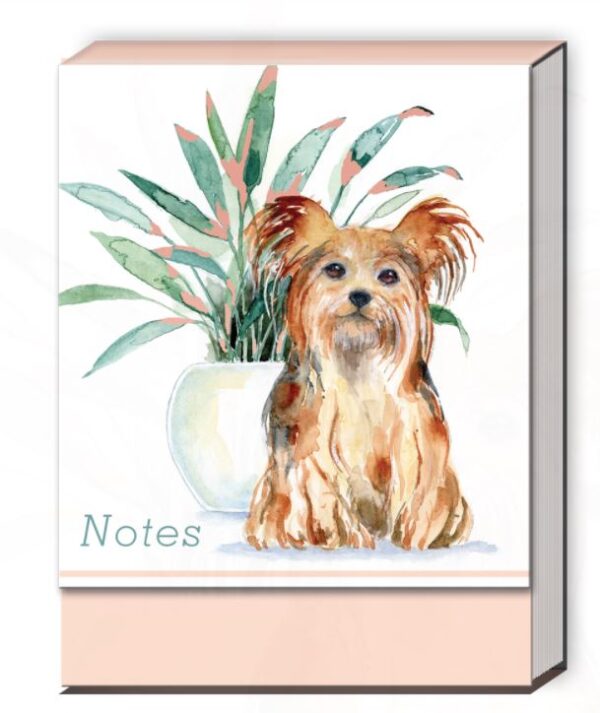 Pocket sized notepad with magnetic closure featuring a Yorkie next to a houseplant 75 pages