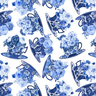 Blue Jubilee Tossed Teacups with Flowers 1729-01 White Blank Quilting